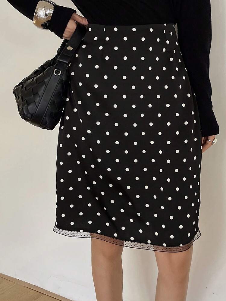 Women's Mesh Patchwork Polka Dot Print Straight Skirt