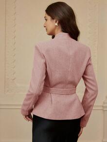 Aveloria Rosie Women's Asymmetric Waist Belt Lapel Collar Long Sleeve Blazer - Pink - View 2