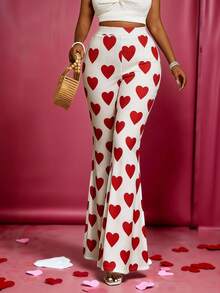 SHEIN PETITE 爱心印花高腰喇叭裤 - 彩色 - 查看 3