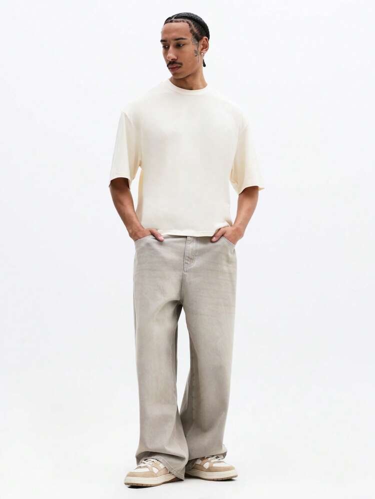 SUMWON 男士宽松圆领短袖纯棉T恤，常规版型，适合日常休闲穿着 - 白色 - 查看 3