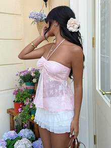 MainGRL Women's Pink Vacation Casual Sequin Embroidered Ruched Backless Halter Neck Sexy Top,Summer Outfits,Beach Outfit For Women - Baby Pink - View 4