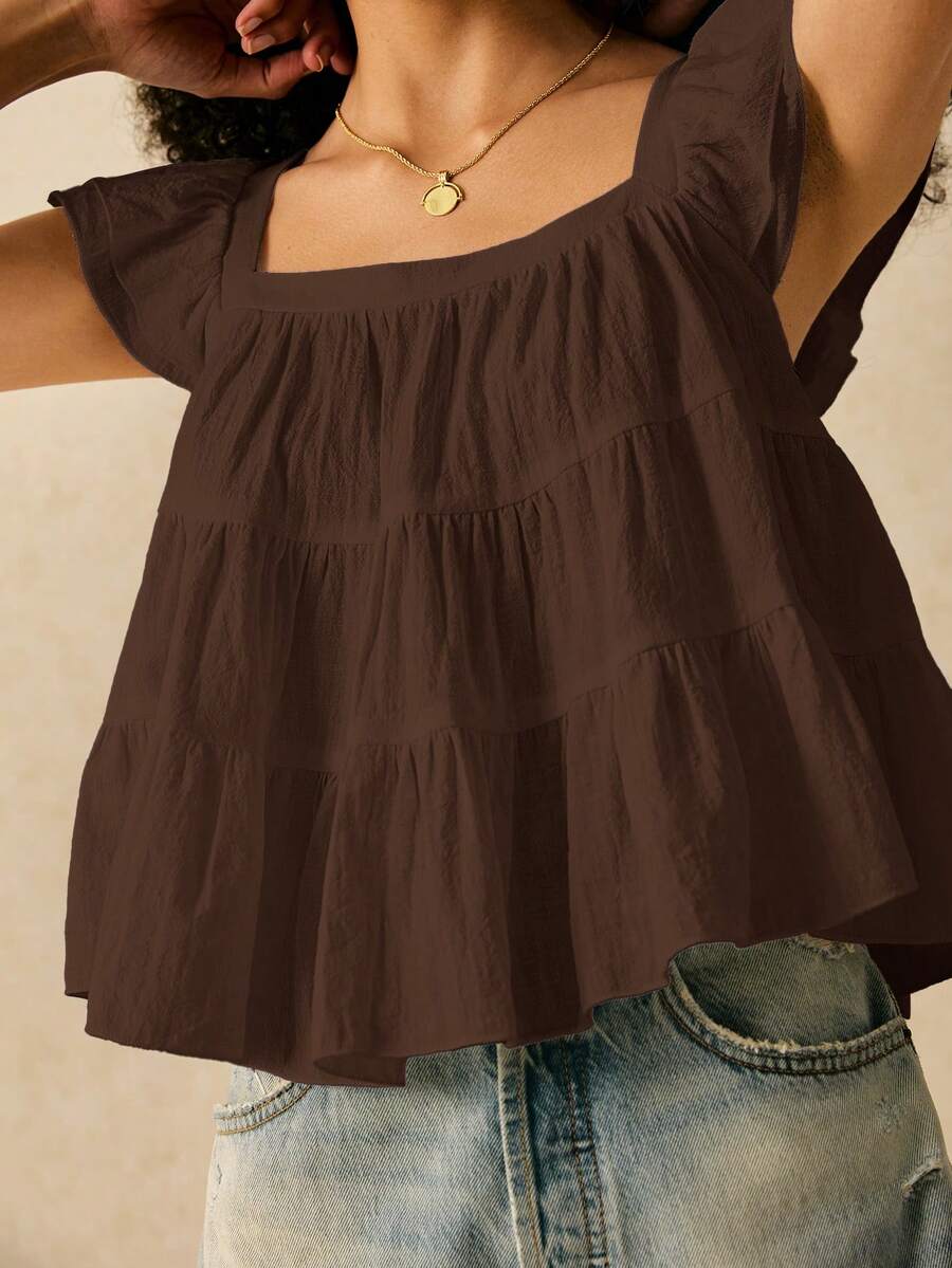 SHEIN Frenchy Women's Casual Solid Color Ruffle Hem Blouse, Summer - Coffee Brown - View 1