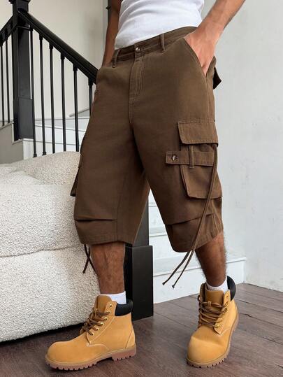 Manfinity EMRG Men's Casual Multi-Pocket Flap Cargo Military Green Denim Shorts