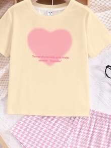 Cream Cake Color Scheme, Cream Yellow & Cream Pink Plaid, Pink Ombre Heart Print, Teen Girl Casual Loose Minimalist Round Neck Short Sleeve Top T-Shirt And Shorts Loungewear, Suitable For Spring/Summer Daily, Home, Outing, Vacation, Effortless Chic, Laid-Back Style, Relaxed Chic, Chill Vibe Outfits - Multicolor - View 6