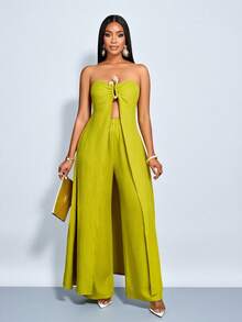 i fluido y pantalones de pierna ancha con bolsillos, decorado con diamantes y tela texturizada, estilo de vacaciones en la playa, perfecto para ir de viaje, festivales de música y uso diario - Verde - Ver 6
