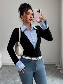 SHEIN PETITE Áo sơ mi dài tay dáng thanh lịch, phối sọc, có phần eo thắt gọn, thích hợp cho việc đi làm hàng ngày. - màu đen - Xem 5