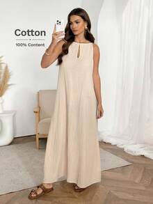 Easowa Solid Textured Knit Keyhole Neckline Sleeveless Dress - Apricot - View 1