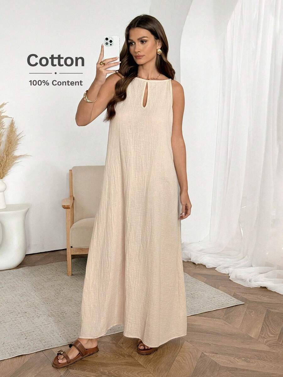 Easowa Solid Textured Knit Keyhole Neckline Sleeveless Dress - Apricot - View 1