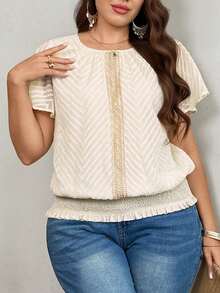SHEIN LUNE Plus Size Contrast Trim Flowy Sleeve Shirt - Apricot - View 1