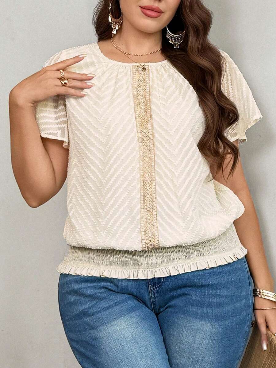 SHEIN LUNE Plus Size Contrast Trim Flowy Sleeve Shirt - Apricot - View 1