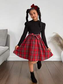 SLAYR KIDS 青少年女孩罗纹针织格子拼布圆领束带修身长袖连衣裙，适合圣诞节、新年派对、返校季、学院风、情人节 - 紅色和黑色 - 查看 1