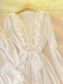 DelicateAllure 3件套女士性感网纱吊带背心、蕾丝边上衣和睡袍睡衣套装，白色 - 白色 - 查看 9