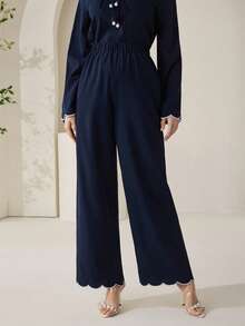 Veilorie 保守休闲波浪边刺绣女裤 - 藏蓝色 - 查看 6