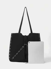 SHECARRY Ladies Large Capacity Suede Rivet Trim Shoulder Tote Bag - Black - View 5