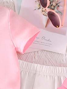 SHEIN Playful Pals 女婴休闲时尚日常圆领短袖露脐蝴蝶结装饰粉色T恤和松紧腰短裤两件套 - 粉色 - 查看 6