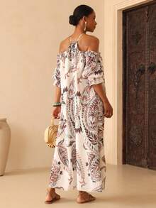 SHEIN Veneréa Floral Digital Print Halter Neck Cold Shoulder Short Sleeve Ruffle Sleeve Backless Bow Loose Long Maxi Dress For Women - Multicolor - View 2