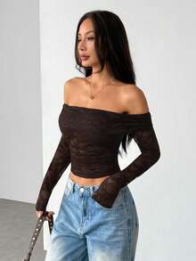SHEIN PETITE Sexy See-Through Lace Splicing Off Shoulder Long Sleeve T-Shirt For Romantic Valentine's Day Date,Ladies Sexy Ruched,Sheer Regular Sleeve Off The Shoulder Slim Fit Coffee Brown Plain Women Tops,Spring/Fall,Casual Daily Wear - Brown - View 4