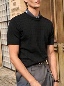 Manfinity CityGents Men's Solid Color Knitted Short Sleeve Top - Black - View 2