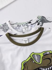 SHEIN 4 Stücke/Set Kleine Jungen Lässig Cartoon Dinosaurier Muster Rundhals Kurzarm T-Shirt und Shorts 2 Stücke Outfit, geeignet für den Sommer - Verschiedenfarbig - Übersicht 6