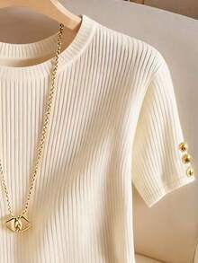 Almamuse Camiseta de manga corta de punto acanalado de unicolor con decoración de botón dorado, versátil y casual para uso diario y de oficina, para mujeres de talla grande - Albaricoque - Ver 4