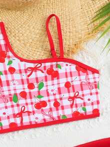 女童格子樱桃印花不对称领口泳衣套装，含罩衫和迷你裙 - 紅色 - 查看 5