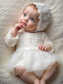 SHEIN 女婴洗礼服，圣诞蕾丝公主裙，配同款蕾丝帽，女婴摄影服装 - 白色 - 查看 7