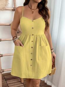 EMERY ROSE Plus Size Casual Daily Summer Pure Cotton Textured Fabric Pocket Waist Midi Strap Dress - Yellow - View 5
