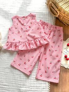 Vintaside Kids 2pcs/Set Baby Girl Casual Cute Bow Sleeveless Top And Pants Set - Red - View 3