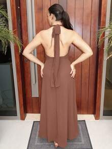 MDEdit 女式深 V 领露背连衣裙，配垂坠腰带，A 字型飘逸雪纺婚礼派对度假夏装 - 棕色 - 查看 2