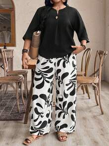 EMERY ROSE Plus Size Women's 2-Piece Set,Black And White Printed Wide Leg Pallazo Pants & V-Neck Cotton Linen-Like Shirt,Summer Casual Elegant Vacation Holiday - Black - View 7