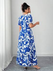 SHEIN CURVE+ Plus Size Women Floral Print Square Neck Puff Sleeve Elegant Dress - Blue and White - View 2