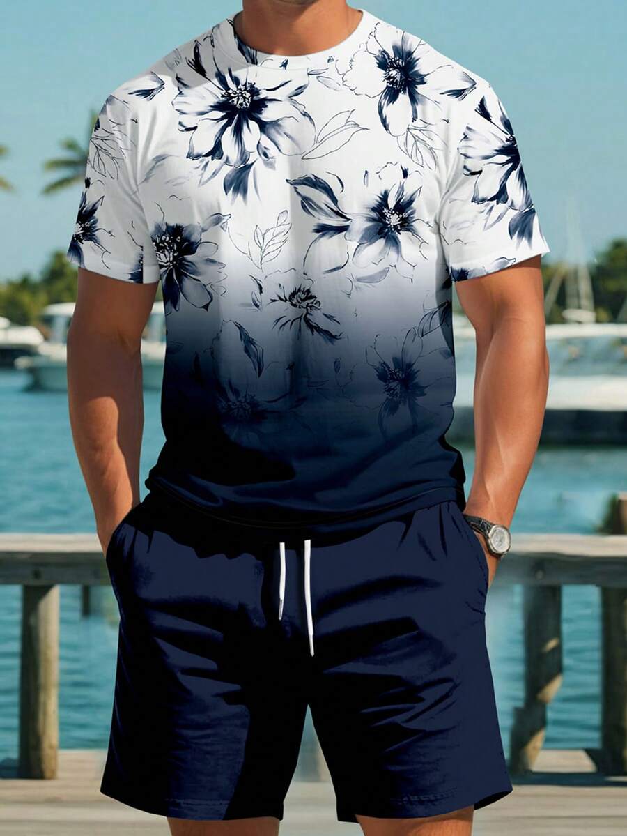 Manfinity RSRT 男士休闲圆领短袖T恤和短裤套装，简约风格适合夏季海滩度假装男士夏季服装男士T恤套装男士度假装 - 彩色 - 查看 1