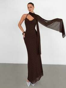 Siren Gaze Women's Flocked Mesh Polka Dot Spaghetti Strap Swing Dress - Chocolate Brown - View 6