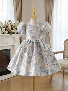 少女公主裙，欧根纱提花面料，高品质材质，优雅提花连衣裙，适合中东、欧洲、美洲等地，是奢华派对、舞台及特殊场合表演的理想之选。 - 杏色 - 查看 5