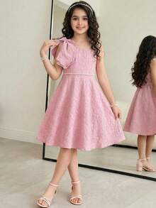SHEIN 少女休闲优雅欧根纱串珠泡泡袖公主裙，杏色 - 杏色 - 查看 1