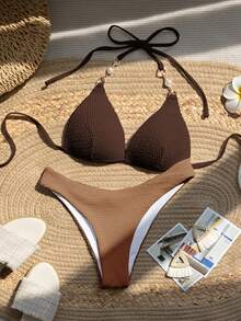 SHEIN Swim Bộ bikini gợi cảm buộc dây cổ phối màu tương phản dành cho nữ, thích hợp mặc đi biển mùa hè. - Nhiều màu - Xem 3