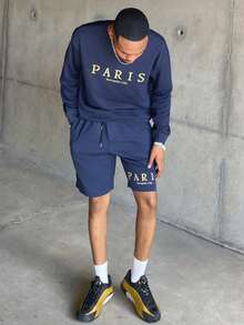 Ngobest Haus Ngobest Haus Men's Casual Letter Print Crew Neck Sweatshirt And Shorts Set, Spring & Autumn, Fall Clothes - Navy Blue - View 5