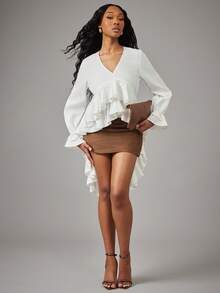 NYA SZN Blusa de manga larga con escote en V, volantes y bajo irregular, suelta, blanca, ideal para Pascua, Día de San Valentín, Día de San Patricio, vacaciones de primavera, primavera, verano, eventos modestos, de lujo, vacaciones, fiestas y viajes para mujeres - Blanco - Ver 3