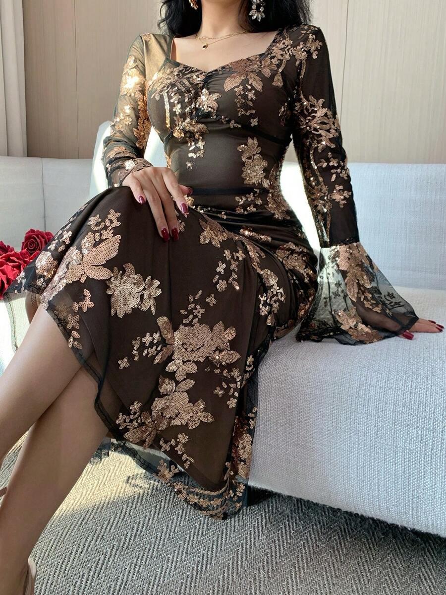 DAZY 女士优雅亮片花卉褶皱鱼尾喇叭袖连衣裙,春夏婚礼宾客礼服 - 黑色 - 查看 1