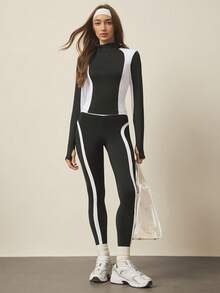 With My Calm With My Calm Damen Farbblock Reißverschluss Halb-Plakette Kapuzen Lässig Vielseitig Alltags Pendler Sport Sweatshirt - Schwarz und Weiss - Übersicht 5