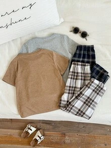 SHEIN 4件套男女童休闲舒适短袖针织T恤上衣搭配格子裤家居服睡衣套装，适合居家和户外穿着 - 彩色 - 查看 2