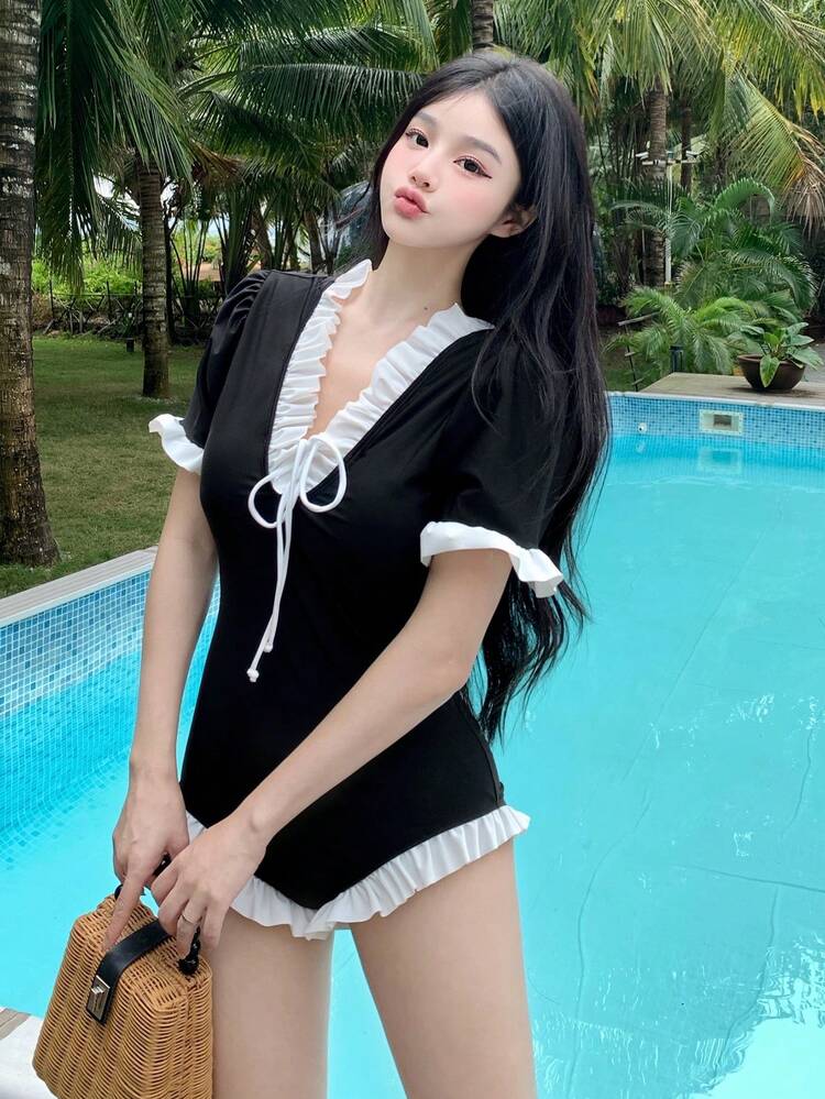 Women's Color Block Front Tie Rashguards, Simple & Casual, For Summer Beach Vacation