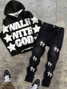 SHEIN 街头服饰青少年男孩休闲卡通印花宽松长袖连帽衫运动衫时尚经典酷炫十字印花牛仔裤 Y2K 风格服装 - 黑色 - 查看 1