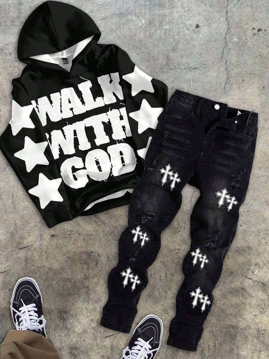 SHEIN 街头服饰青少年男孩休闲卡通印花宽松长袖连帽衫运动衫时尚经典酷炫十字印花牛仔裤 Y2K 风格服装 - 黑色 - 查看 1