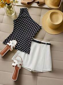 Franclia Women's Elegant Black Polka Dot Asymmetrical Neck Sleeveless Top And White Skirt Two-Piece Outfit - Black - View 3