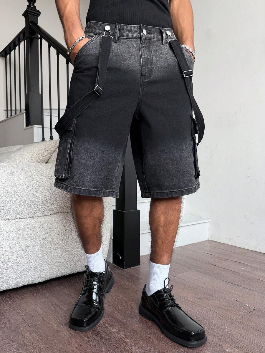 Manfinity EMRG 男士休闲街头风牛仔背带短裤 - 黑色 - 查看 1