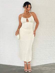 Firerie Plus Size Elegant Holiday Minimalist Romantic Date Draped Neck Bustier Textured Bodycon Slim Fit Maxi Dress, Boho Women Mini Dresses, Fairycore, Women's Elegant Sexy Delicate Romantic Fashion New Wedding Guest Music Festival Party Daily Vacation Backless Tie Strap Textured Bodycon Midi Dress, Beach Outfits For Women, Airport Outfit Women, Vacation Outfits - Apricot - View 7