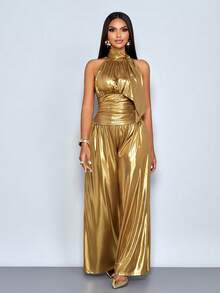 SOLERSUN 四季皆宜的女装，优雅休闲，派对风格，金色，弹力面料，闪亮反光激光面料，立领，侧系领口，无袖，背心款式，收腰设计，修身上衣，松紧腰带，阔腿裤，裤装套装，两件套 - 金色 - 查看 4