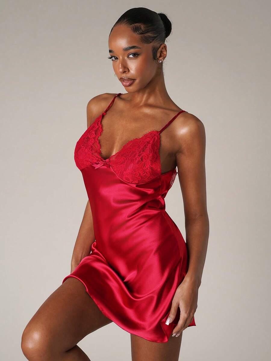 SHEIN BAE Lace Patchwork Backless Sexy Imitation Silk Women's Camisole Nightgown Babydoll Luxeloungewear - Burgundy - View 1