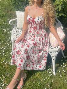 SHEIN MOD Robe midi bohème à fleurs grande taille avec bretelles spaghetti pour les fêtes de jardin, robe cami femme avec imprimé floral et bordure color block, style peinture, robes pour femmes été/automne, robe rétro pastorale, robe d'anniversaire robe midi à fleurs robe de fête de jardin robe imprimée rose robe midi à corset, robe décontractée d'anniversaire pour femme robe midi, robe de cocktail pour invitée de mariage, robes d'anniversaire pour femmes robe chic robe de laitière - Multicolore - Voir 7